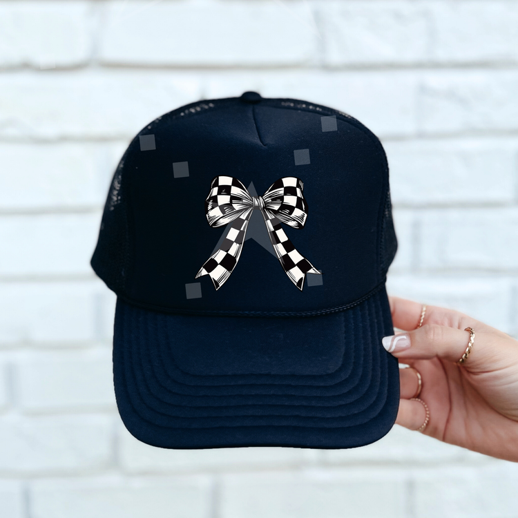 Checkered Race Bow Foam Trucker Hat