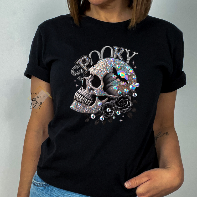 Spooky Glitter Skull Short Sleeve Shirt
