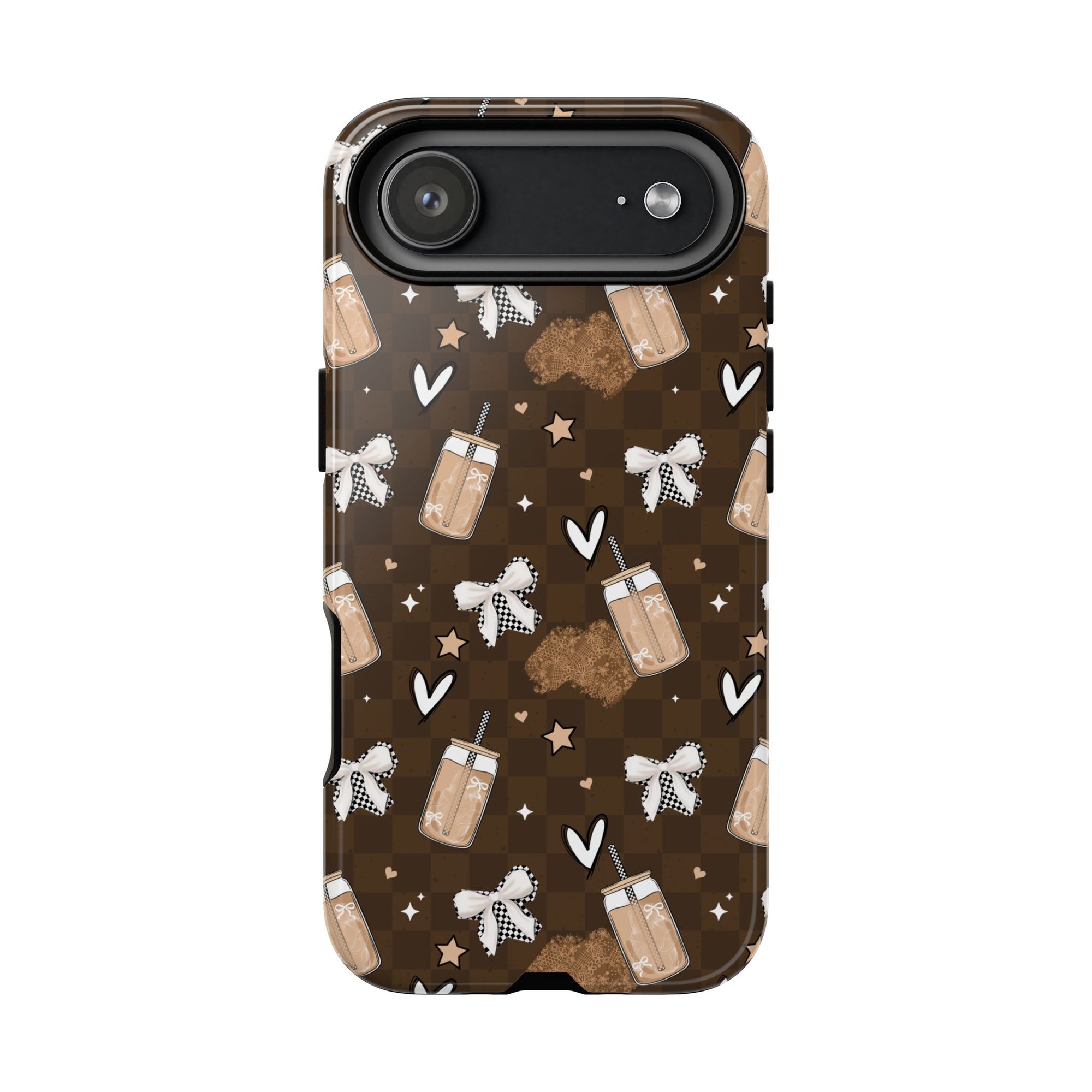 Iced Coffee Phone Case, Checkered tough case Case, Cute coffee Bow Phone Cover