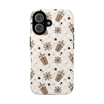 Iced Coffee Phone Case, Checkered tough case Case, Cute Floral coffee Phone Cover