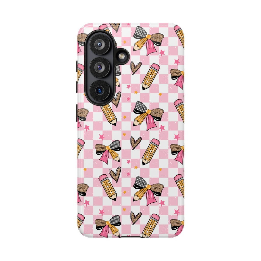 Pink Checkered Teacher Life Phone Case, Pencils tough case Case, Cute TeacherPhone Cover