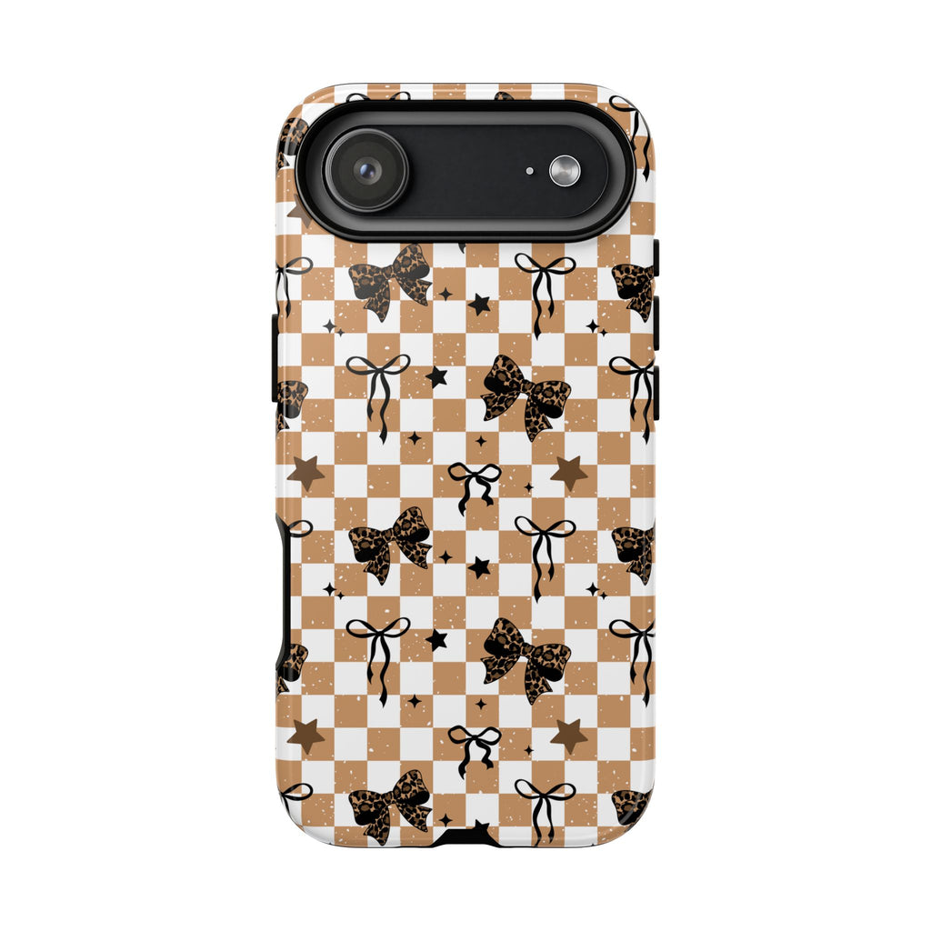 Checkered Tan Bow Star Themed Phone Case, Stars checkered tough case Case, Cute Phone Cover