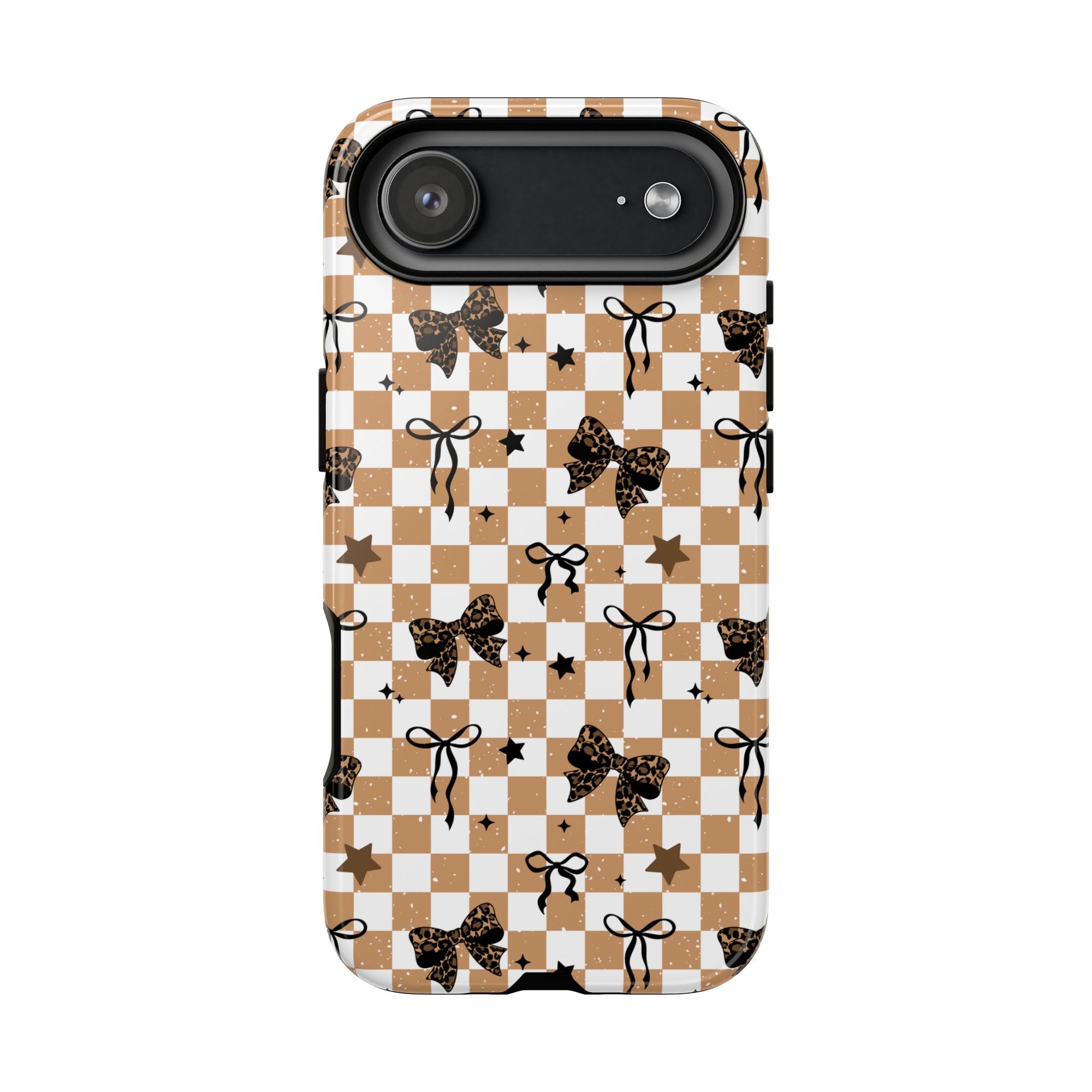 Checkered Tan Bow Star Themed Phone Case, Stars checkered tough case Case, Cute Phone Cover