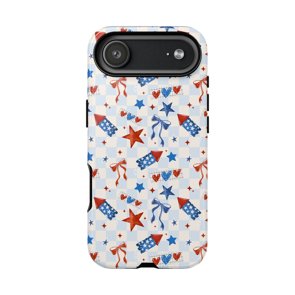 4th of July Star Themed Phone Case, Stars checkered tough case Case, Cute Bow Phone Cover