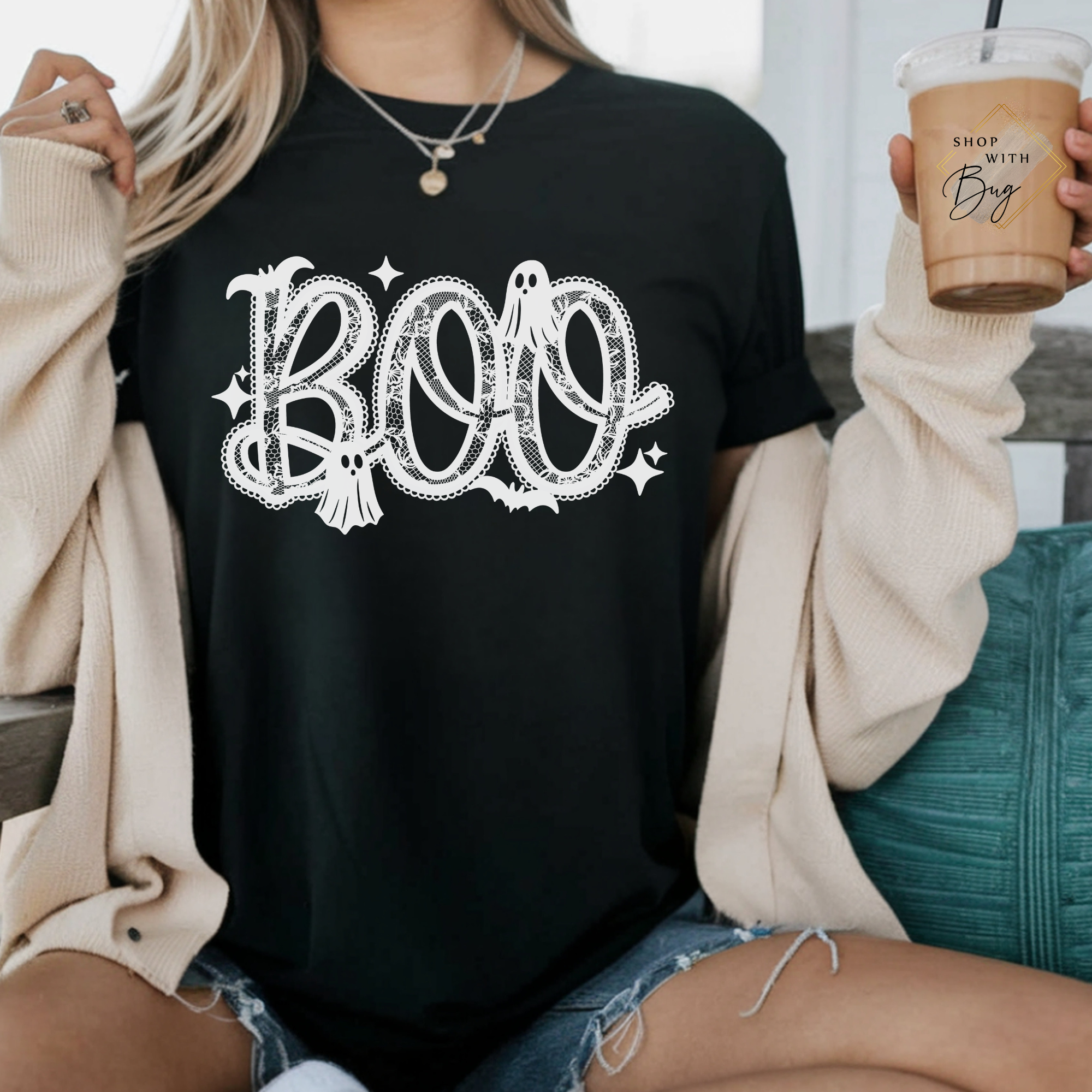 BOO Lace Halloween T-Shirt Comfort Color For Women