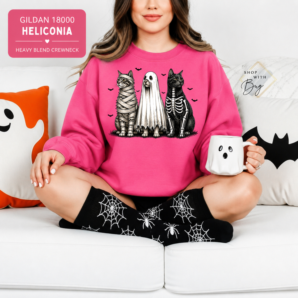 Skull Cats Sweatshirt, Trendy Halloween Sweater, Spooky Season Sweater, Fall Vibes, Cute Ghost Sweatshirt, Stars Ghost