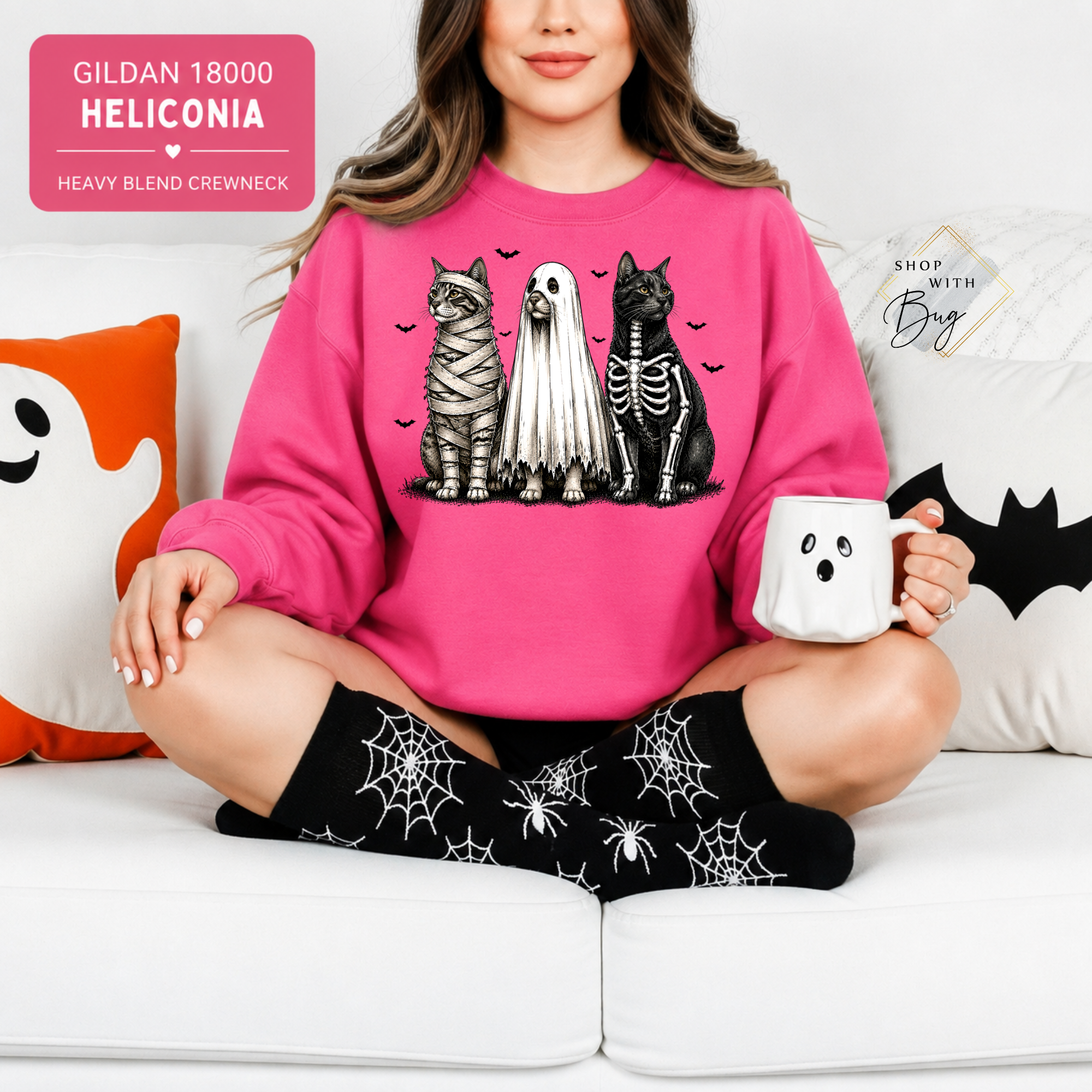 Skull Cats Sweatshirt, Trendy Halloween Sweater, Spooky Season Sweater, Fall Vibes, Cute Ghost Sweatshirt, Stars Ghost