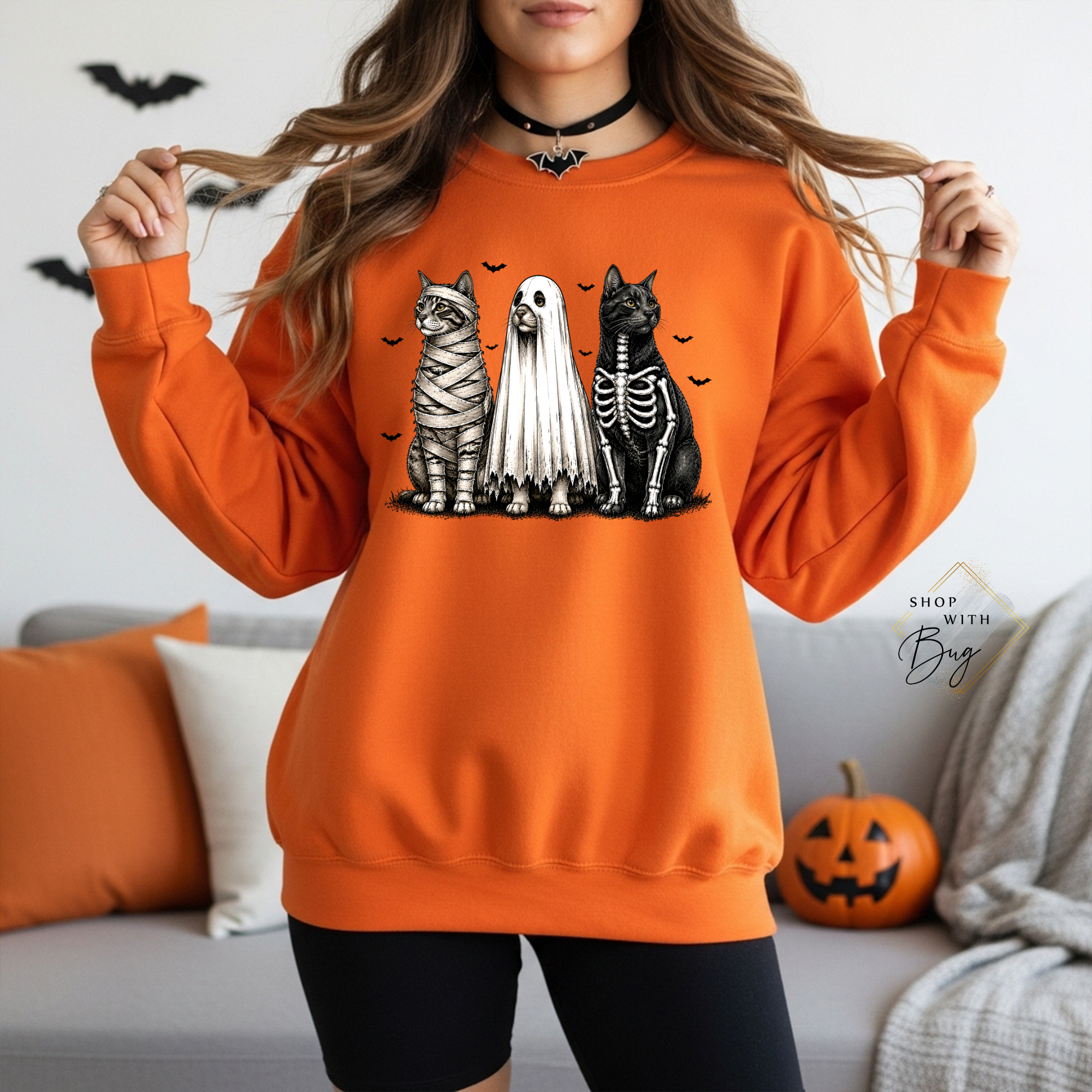 Skull Cats Sweatshirt, Trendy Halloween Sweater, Spooky Season Sweater, Fall Vibes, Cute Ghost Sweatshirt, Stars Ghost