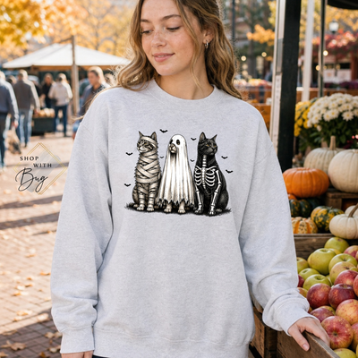 Skull Cats Sweatshirt, Trendy Halloween Sweater, Spooky Season Sweater, Fall Vibes, Cute Ghost Sweatshirt, Stars Ghost