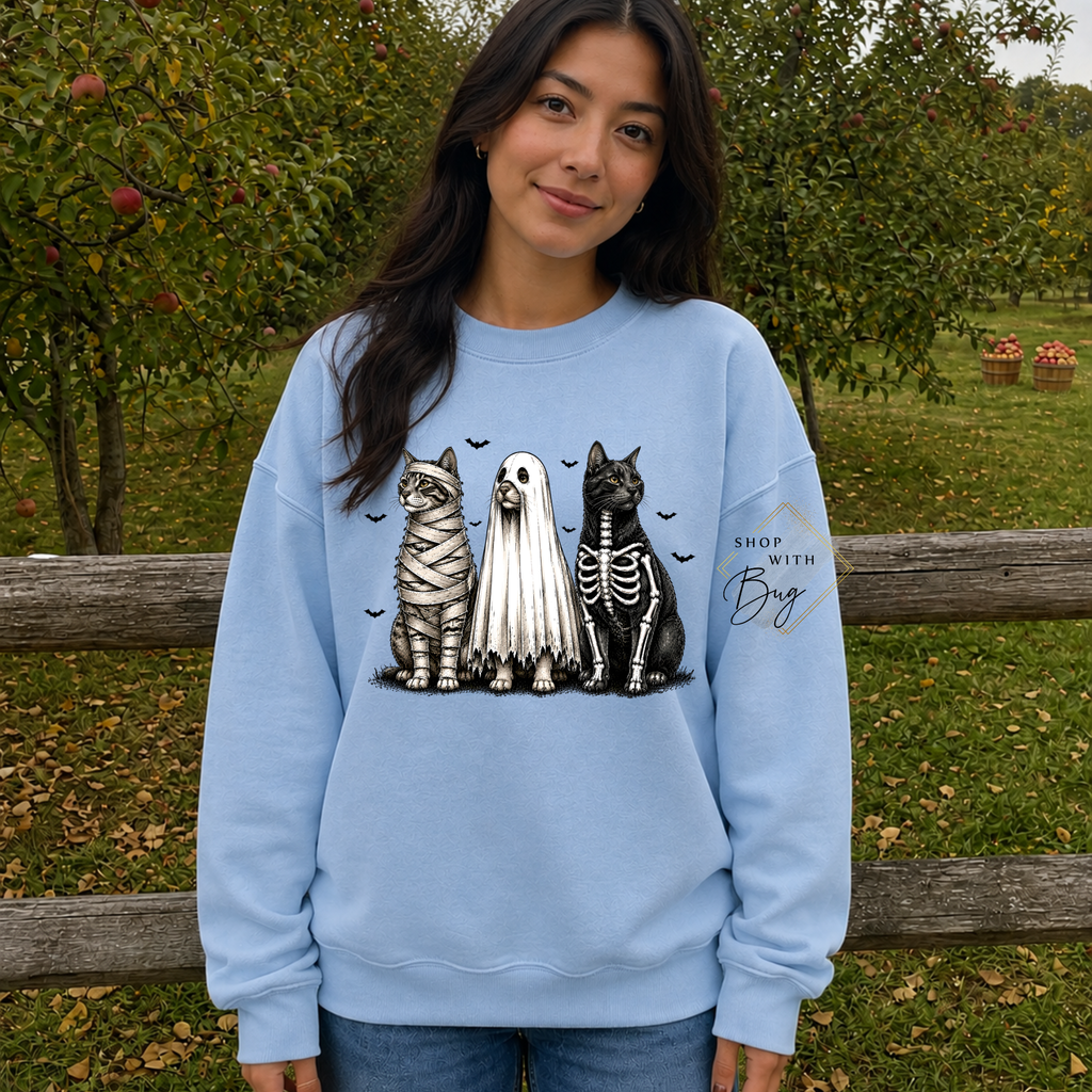 Skull Cats Sweatshirt, Trendy Halloween Sweater, Spooky Season Sweater, Fall Vibes, Cute Ghost Sweatshirt, Stars Ghost