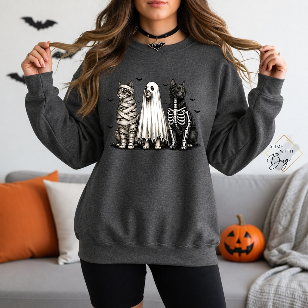 Skull Cats Sweatshirt, Trendy Halloween Sweater, Spooky Season Sweater, Fall Vibes, Cute Ghost Sweatshirt, Stars Ghost