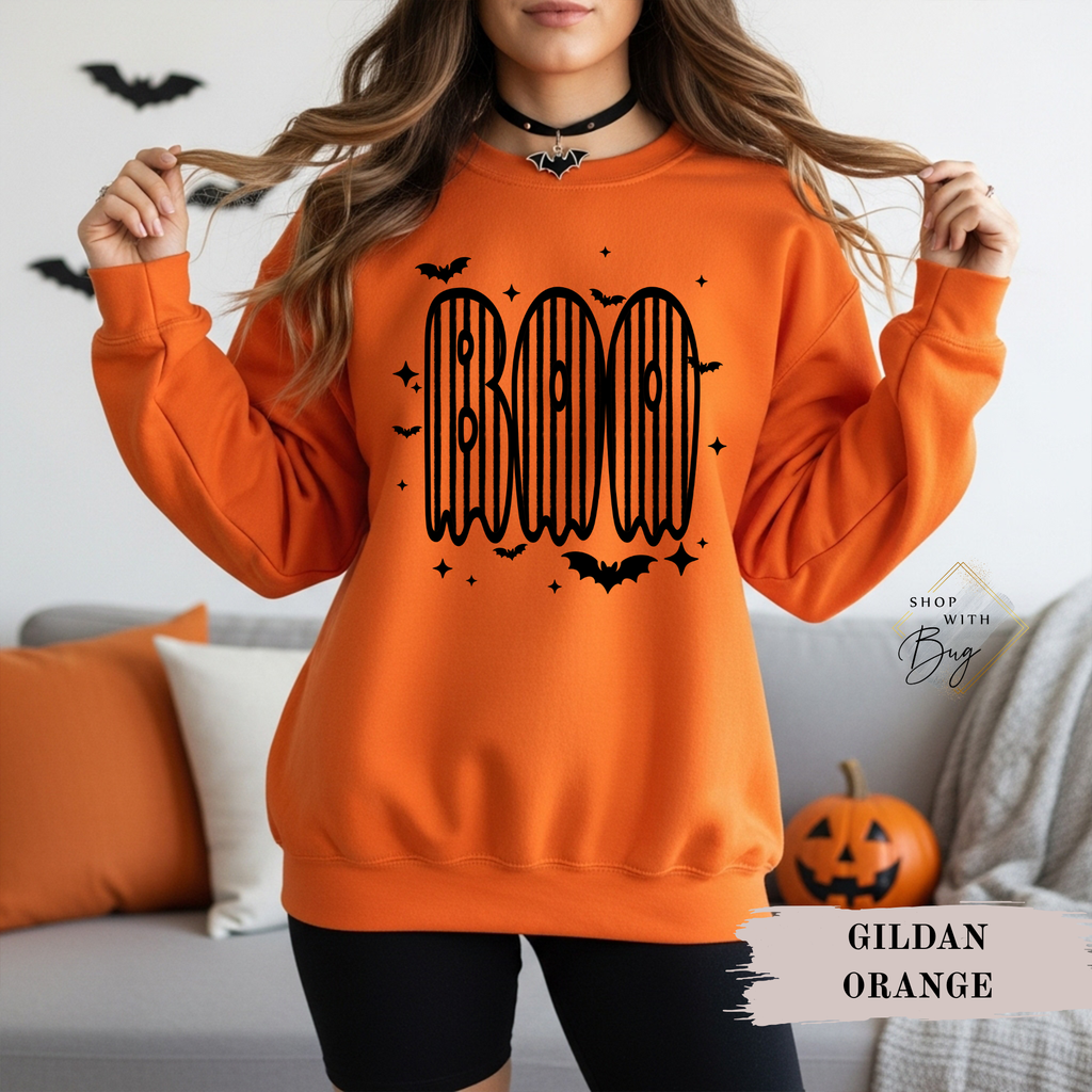 Circus Striped Boo Sweatshirt, Trendy Halloween Sweater, Spooky Season Sweater, Fall Vibes, Cute Boo Sweatshirt