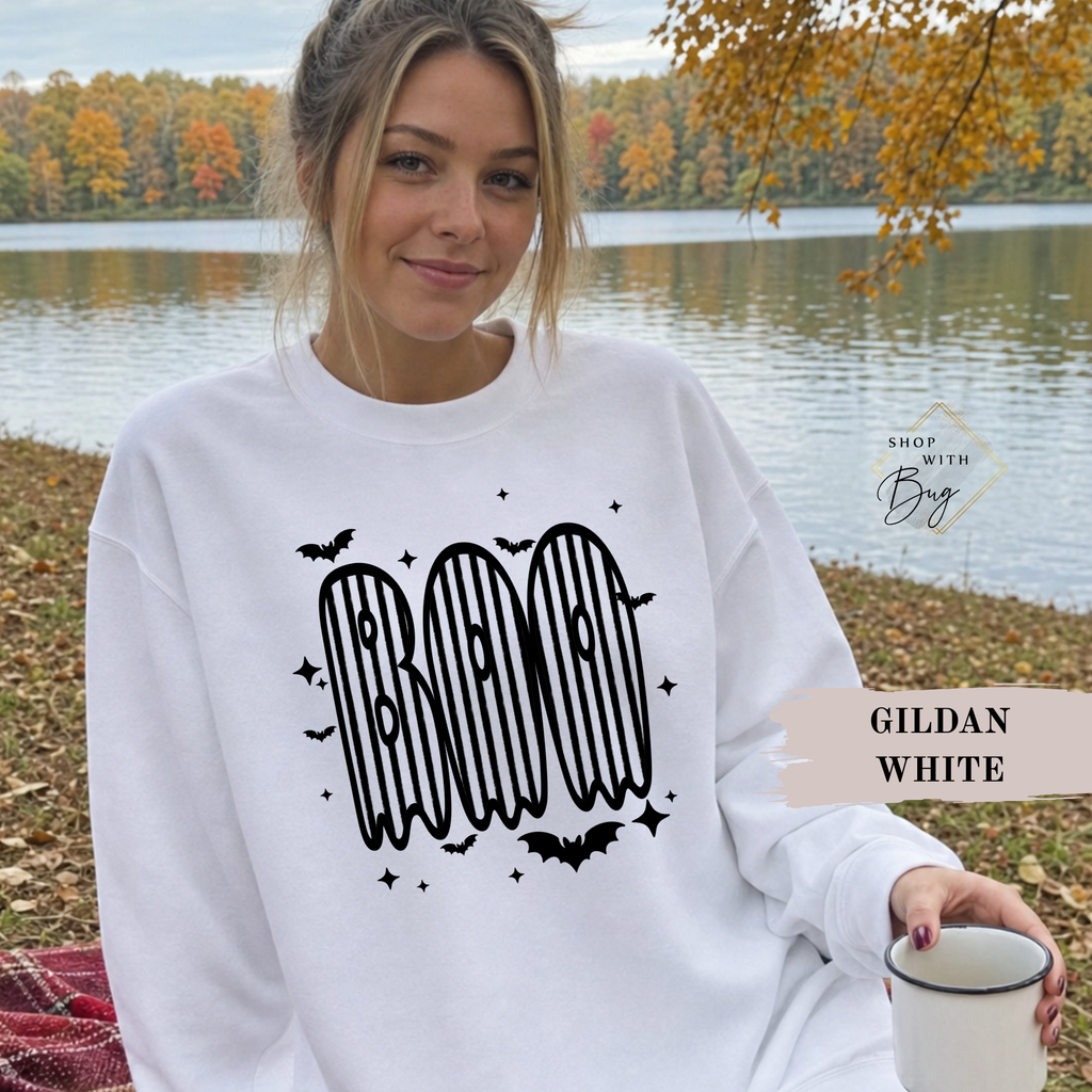 Circus Striped Boo Sweatshirt, Trendy Halloween Sweater, Spooky Season Sweater, Fall Vibes, Cute Boo Sweatshirt