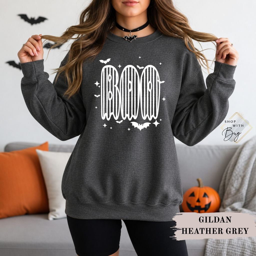 Circus Striped Boo Sweatshirt, Trendy Halloween Sweater, Spooky Season Sweater, Fall Vibes, Cute Boo Sweatshirt