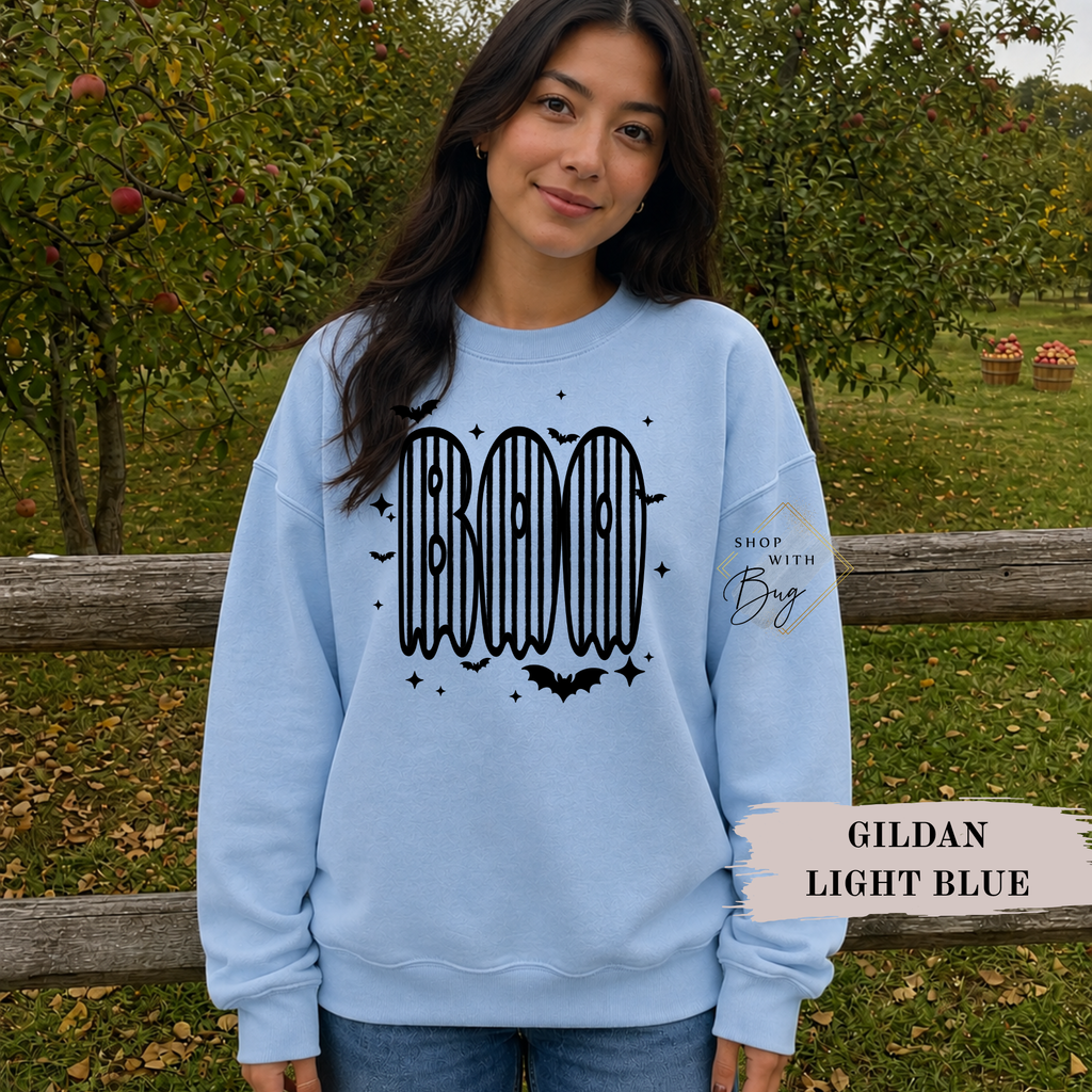 Circus Striped Boo Sweatshirt, Trendy Halloween Sweater, Spooky Season Sweater, Fall Vibes, Cute Boo Sweatshirt