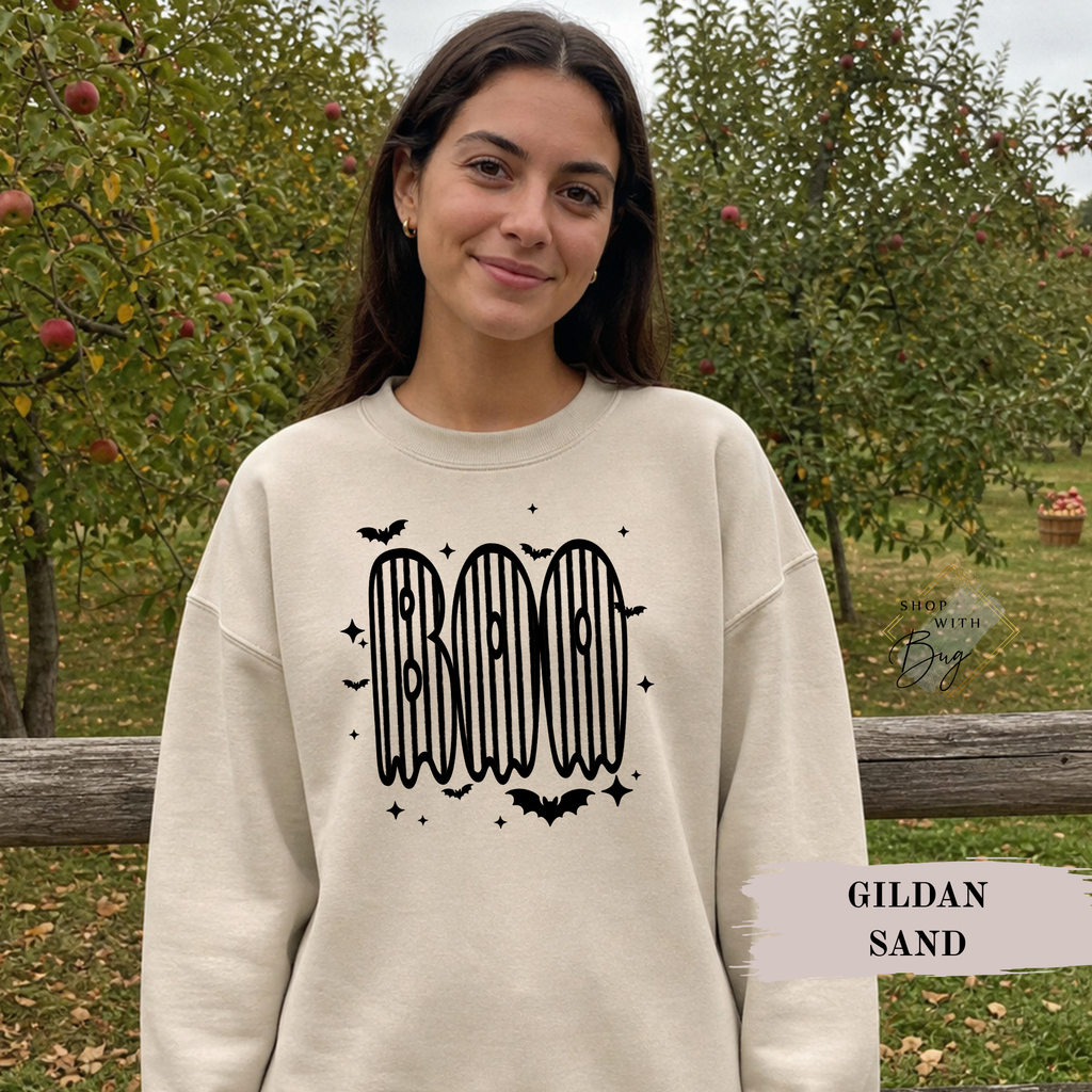 Circus Striped Boo Sweatshirt, Trendy Halloween Sweater, Spooky Season Sweater, Fall Vibes, Cute Boo Sweatshirt