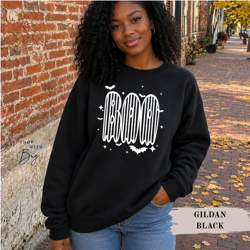 Circus Striped Boo Sweatshirt, Trendy Halloween Sweater, Spooky Season Sweater, Fall Vibes, Cute Boo Sweatshirt