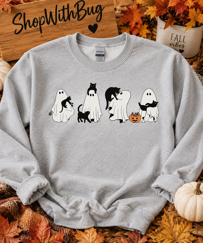 Cat Ghost Pumpkins Sweatshirt, Trendy Halloween Sweater, Spooky Season Sweater, Fall Vibes, Cute Pumpkin Sweatshirt