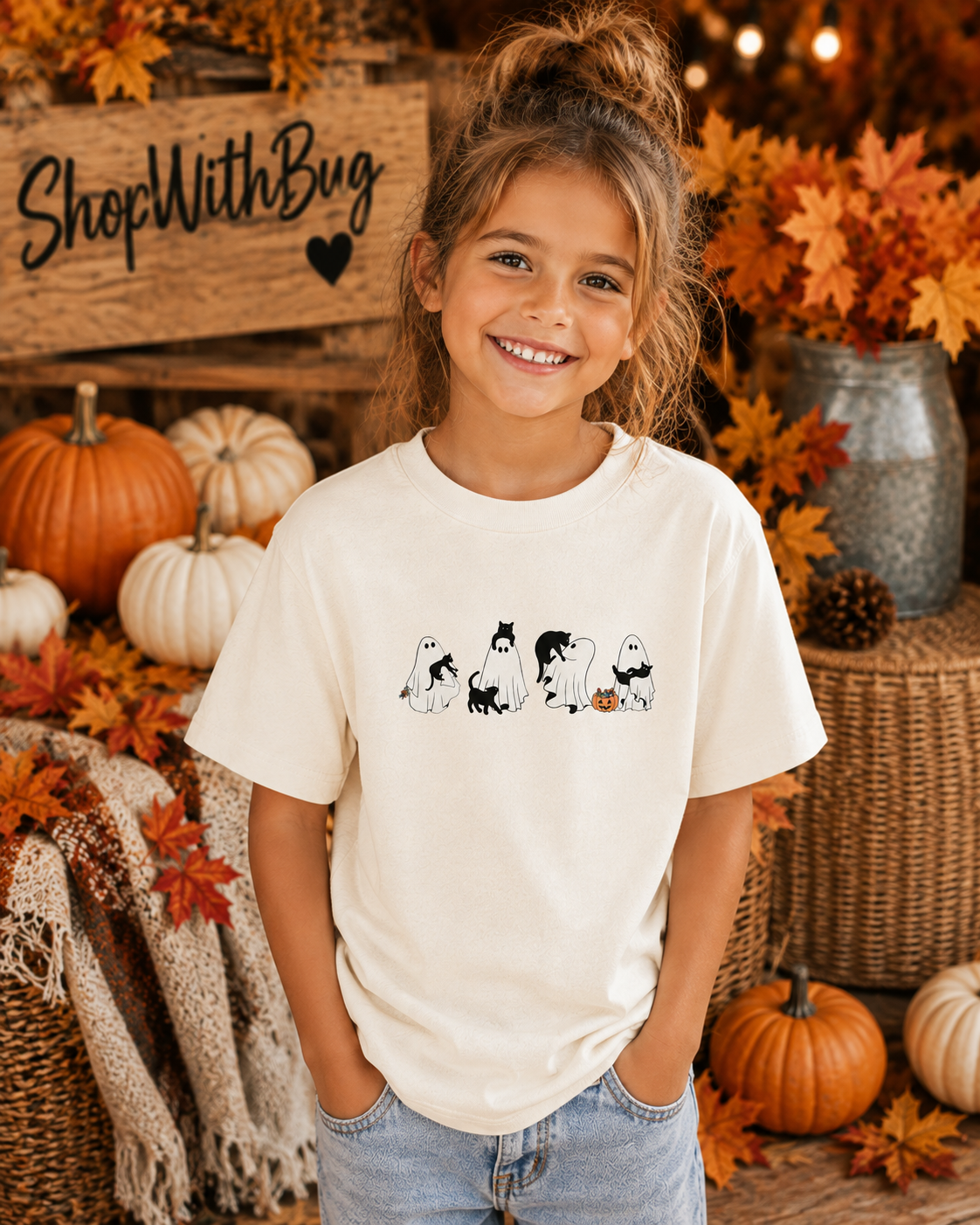 Cat Ghost Halloween Youth Short Sleeve Tee
