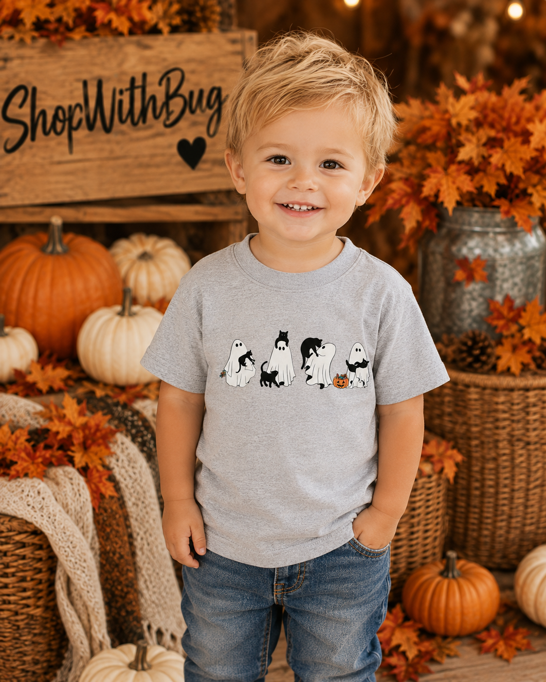 Cat Ghost Halloween Toddler Short Sleeve Tee
