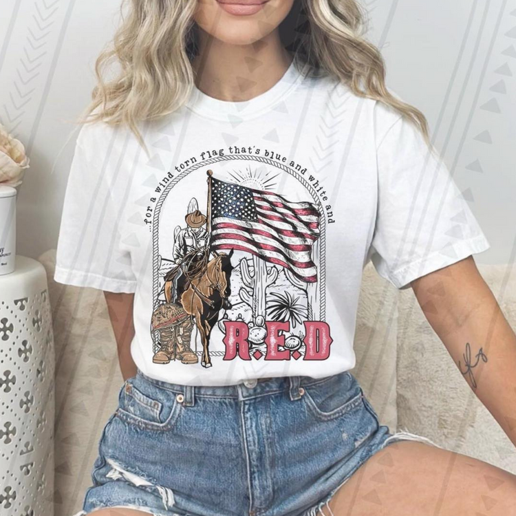 For a wind torn flag thats Blue White and R.E.D Shirt