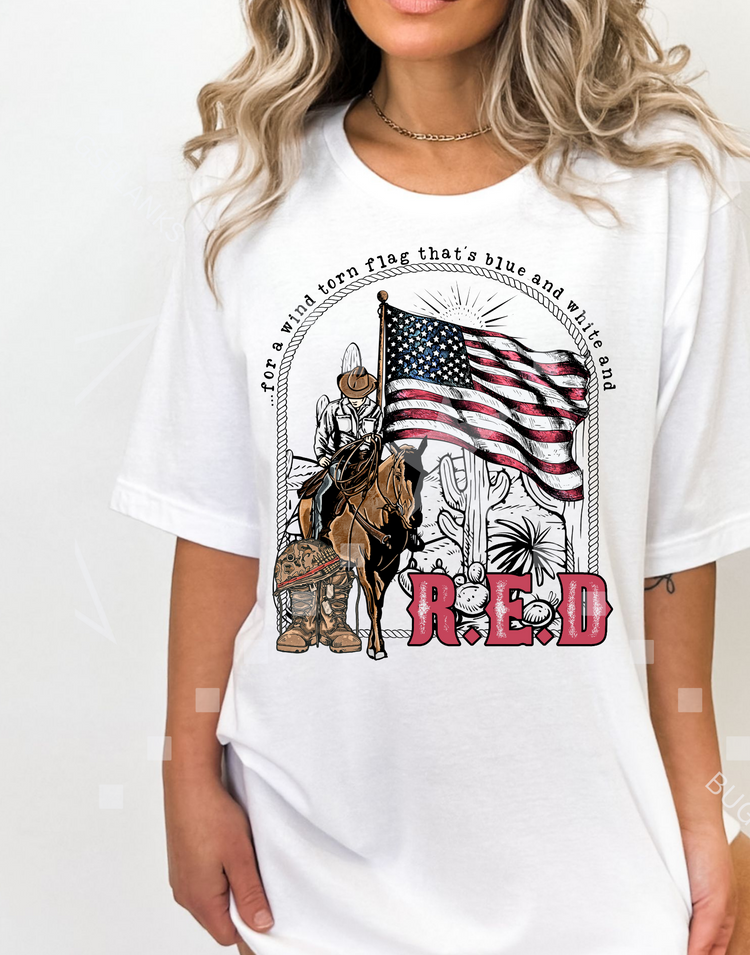 For a wind torn flag thats Blue White and R.E.D Shirt