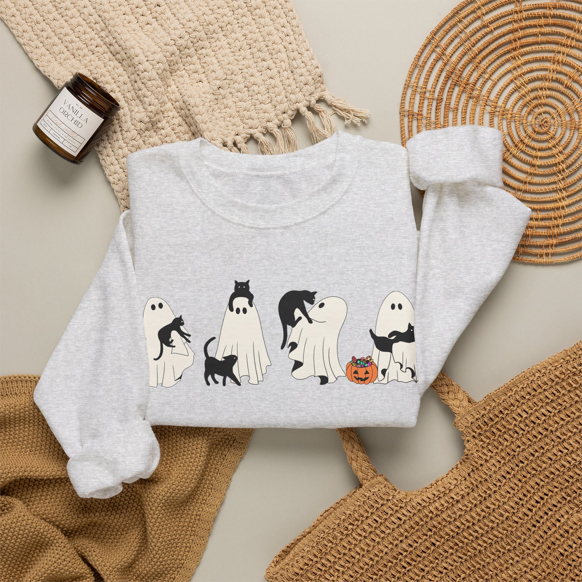 Cat Ghost Pumpkins Sweatshirt, Trendy Halloween Sweater, Spooky Season Sweater, Fall Vibes, Cute Pumpkin Sweatshirt