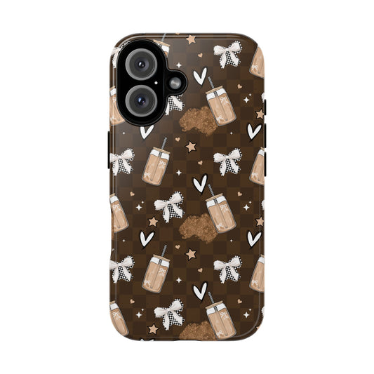 Iced Coffee Phone Case, Checkered tough case Case, Cute coffee Bow Phone Cover