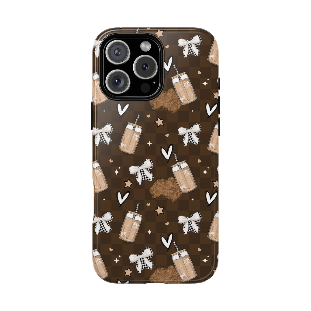 Iced Coffee Phone Case, Checkered tough case Case, Cute coffee Bow Phone Cover