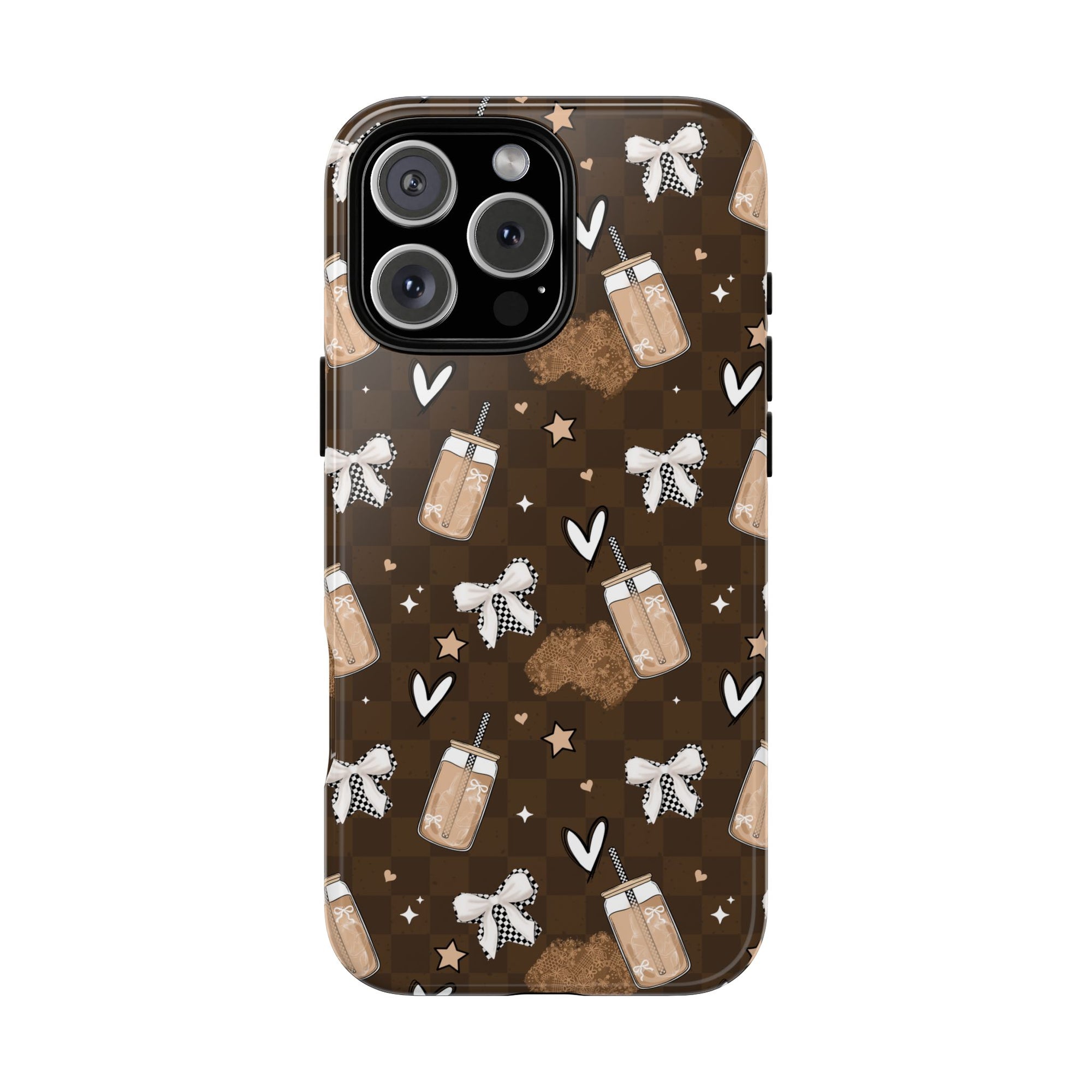 Iced Coffee Phone Case, Checkered tough case Case, Cute coffee Bow Phone Cover