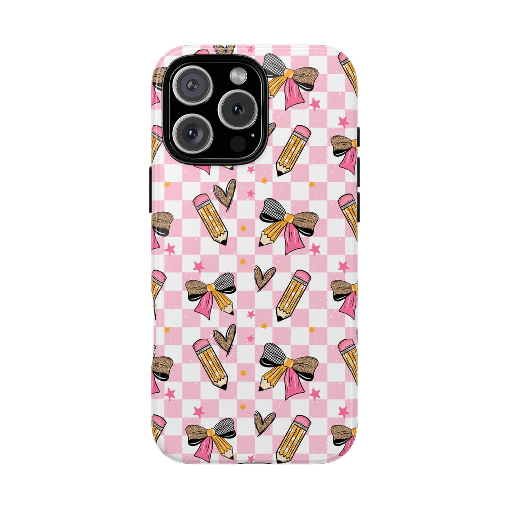 Pink Checkered Teacher Life Phone Case, Pencils tough case Case, Cute TeacherPhone Cover