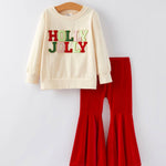 Christmas Letter Applique Top + Flared Pants Outfit Set