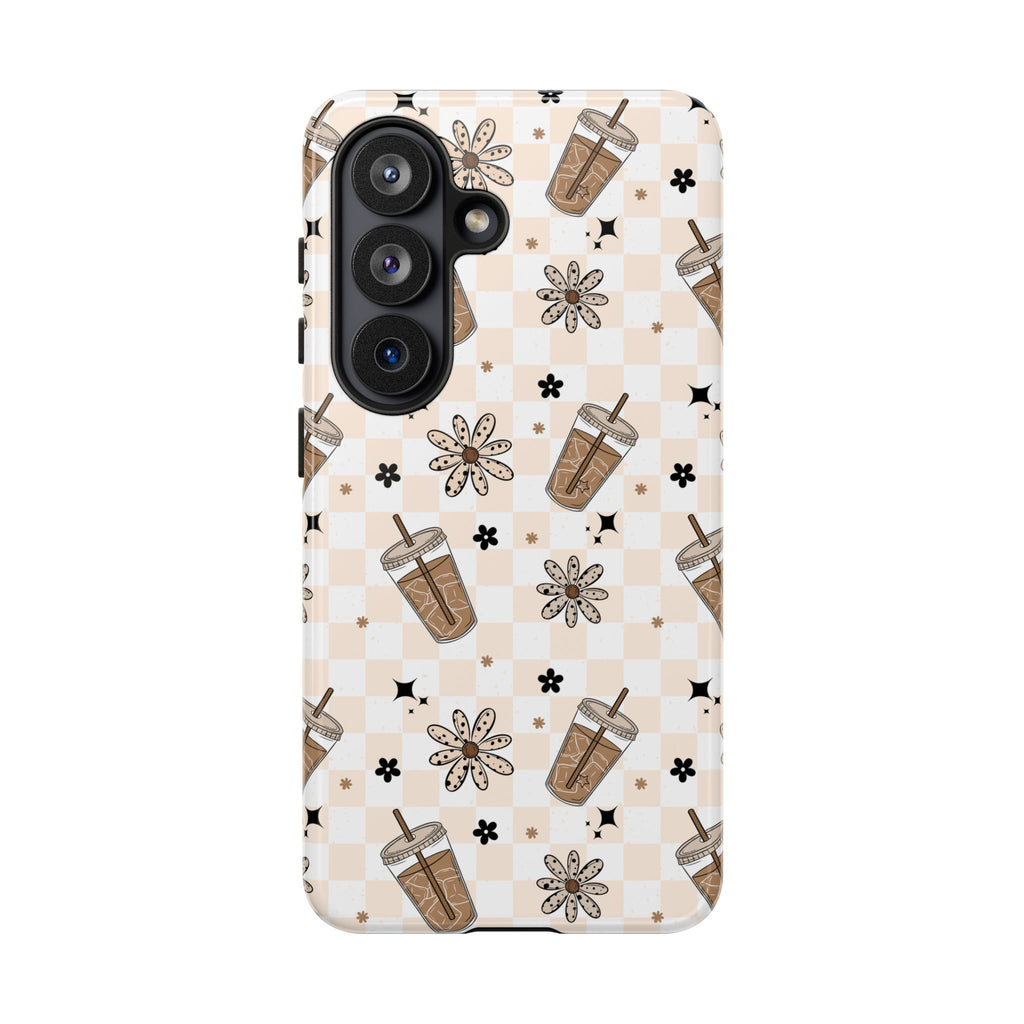 Iced Coffee Phone Case, Checkered tough case Case, Cute Floral coffee Phone Cover