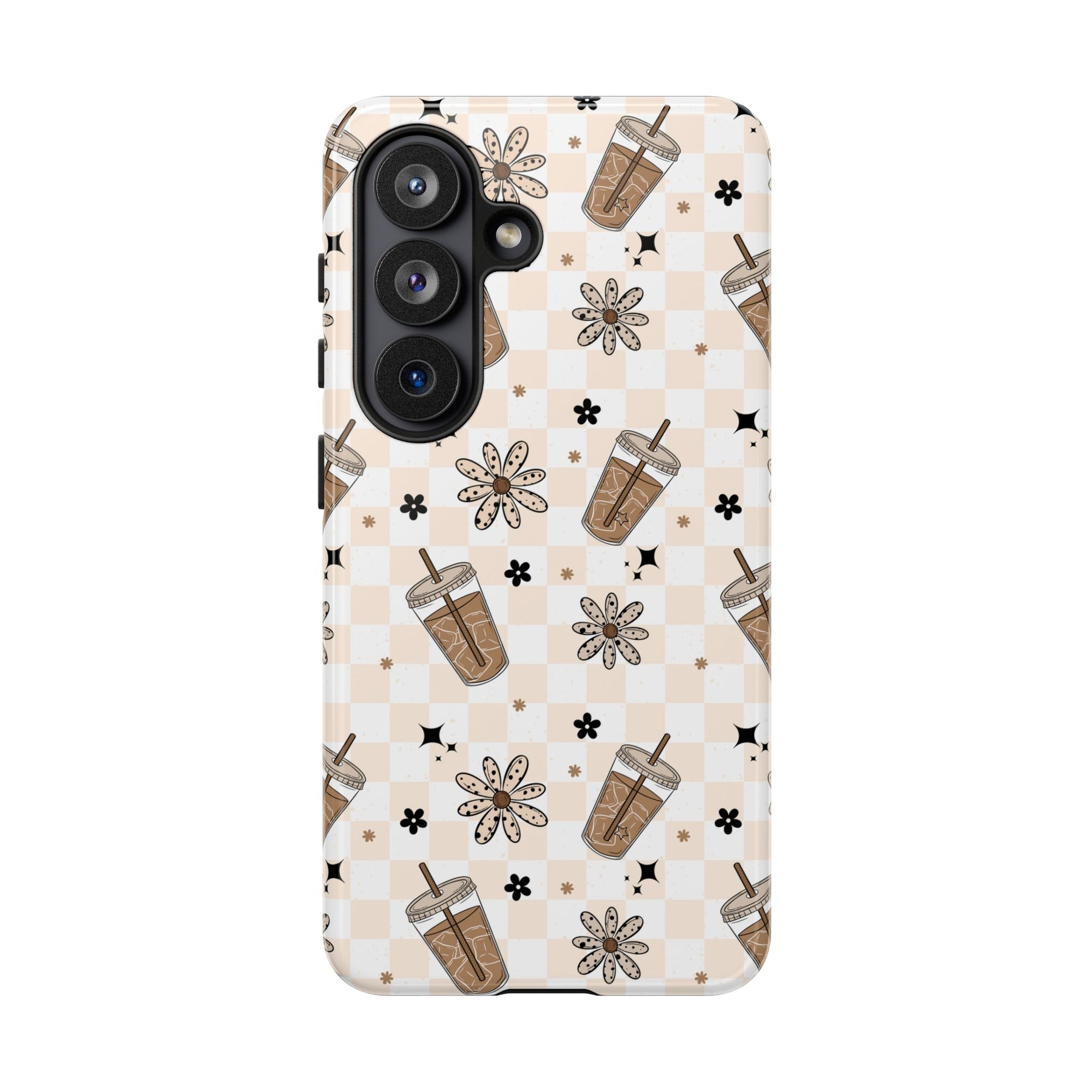 Iced Coffee Phone Case, Checkered tough case Case, Cute Floral coffee Phone Cover