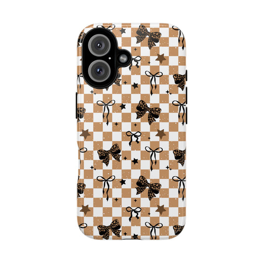 Checkered Tan Bow Star Themed Phone Case, Stars checkered tough case Case, Cute Phone Cover