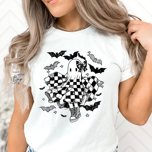 Dancing Retro Checkered Ghost Adult Shirt