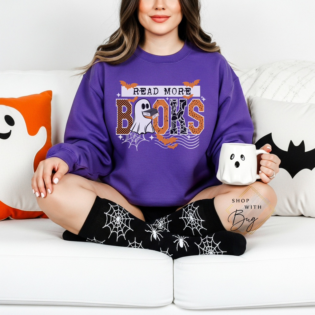 Read More Books Sweatshirt, Trendy Ghost Sweater, Books Sweater, Halloween Vibes, Cute Bats Sweatshirt, Ghosts