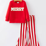 Christmas “MERRY” Applique Girls Striped Bell-bottom Pants Outfit Set